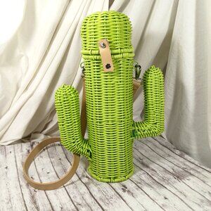 Ciroa Hello Summer Wine Btl Tote Lime Green Cactus Resin Wicker Picnic Strap 13"